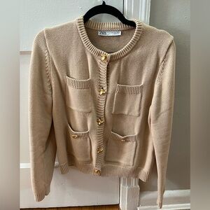 Zara Tan Knit Sweater with Gold Detail